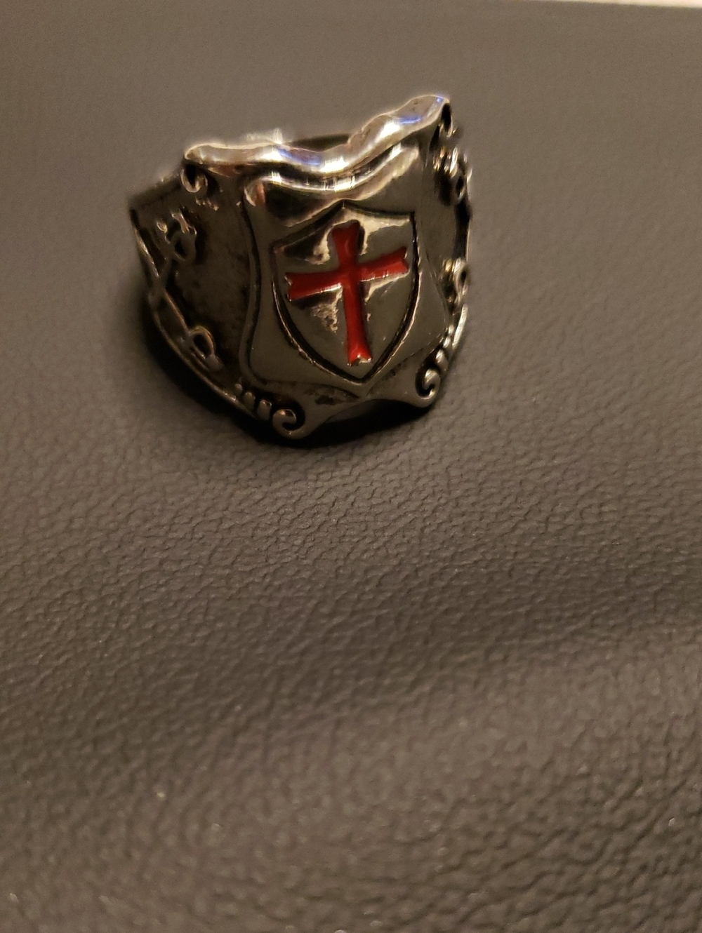 Men's Shield Cross Stainless Steel Ring - Red Accent